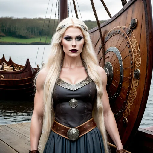 Prompt: A full length image of a Gorgeous muscular 25-year-old drag queen shield (with slight masculine jawline and brow facial features) maiden of the Viking Kingdom of Jorvik 875AD standing by A Viking Longship. She has long loose platinum blonde hair, dark eye make and dark lipstick..  She has a large busom. She is wearing traditional Viking female clothing of the period. She is wearing Viking face and body jewellery.