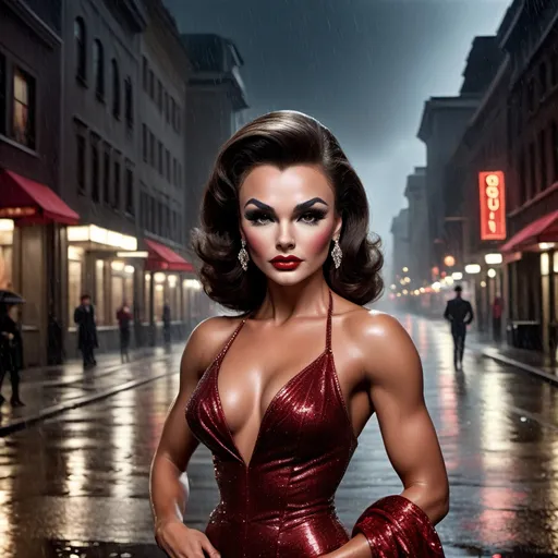 Prompt: Young Burt Reynolds dress as A hyper realistic flawless 25-year-old gorgeous Austrian drag queen bodybuilder with red hair walking the streets as a classy debutante on a dark and rainy night. Heavy eye makeup. Dark red lipstick.