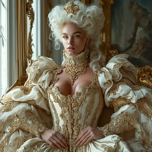 Prompt: No flaws, Full body Rococo era 4k HD digital photograph of a gorgeous 25 year old Icelandic drag queen bodybuiler, 4k hd digital photography, luxurious dress, elaborate hairstyle, huge busom, long muscular legs,  8 inch stiletto high heel shoes, ornate jewelry, soft colors, soft and diffused lighting, high quality, detailed brushwork, elegant and refined, opulent setting, intricate lace details, classic beauty, historical art, Rococo style, delicate features, aristocratic charm, full body photography, hyper-realistic, hyper-realistic, flawless photo