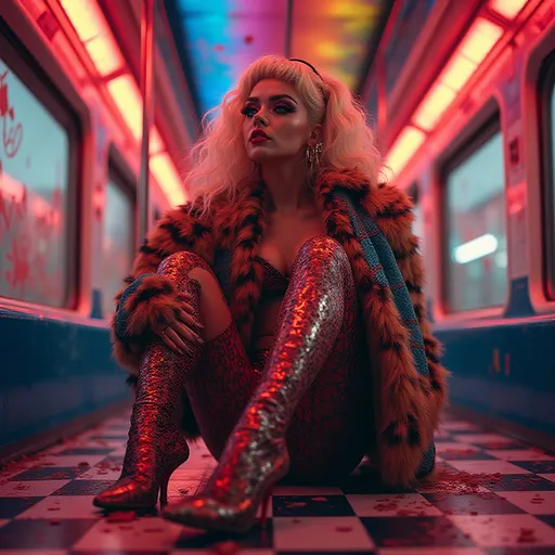 Prompt: Gorgeous 25-year-old Czechian drag queen  with neon cyberpunk medusa microbraided blonde and red & black hair revealing big busom, full lips
with high heel shoes wearing a matching fur bomber jacket and enchanting revealing matching outfit exotic pose  and a matching rainbow checkered floor riding a train