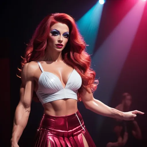 Prompt: CGI, masterpiece, gorgeous ultra-muscular 25-year-old Polish drag queen bodybuilder preforming on stage as a pop star, long dark red wavy hair, cleavage, cute colorful pleated skirt and adorable innocent white camisole top, vivid and colorful, glowing lights and decoration, intense and dramatic lighting, ultra-detailed, futuristic, pop star stage, flirty gaze, vivid colors,  bubblegum pop, atmospheric lighting.