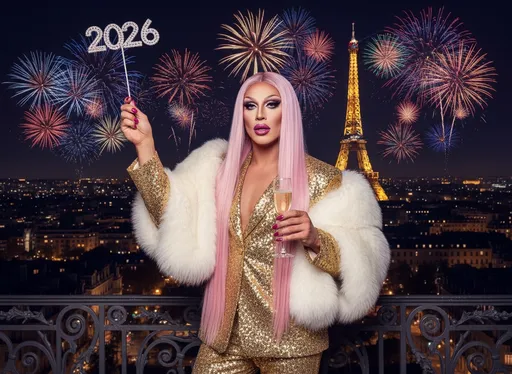 Prompt: Draped in a stylish golden suit accented by a luxurious fur stole, a muscular 35-year-old Finnish drag queen with dark eyeshadow, dark pink lipstick, dark pink manicured fingernails, stands confidently at a balcony overlooking a sparkling Parisian skyline at night, with fireworks illuminating the dark sky in the background. Sporting striking long straight pink hair, the person holds a sparkling number “2026” on a stick in one hand and a glass of champagne in the other, exuding an air of celebration and elegance. The composition captures a blend of high-fashion and urban nightlife, with warm golden tones contrasting against the cool, festively illuminated skyline, creating a vibrant yet sophisticated atmosphere as the anticipated new year approaches.