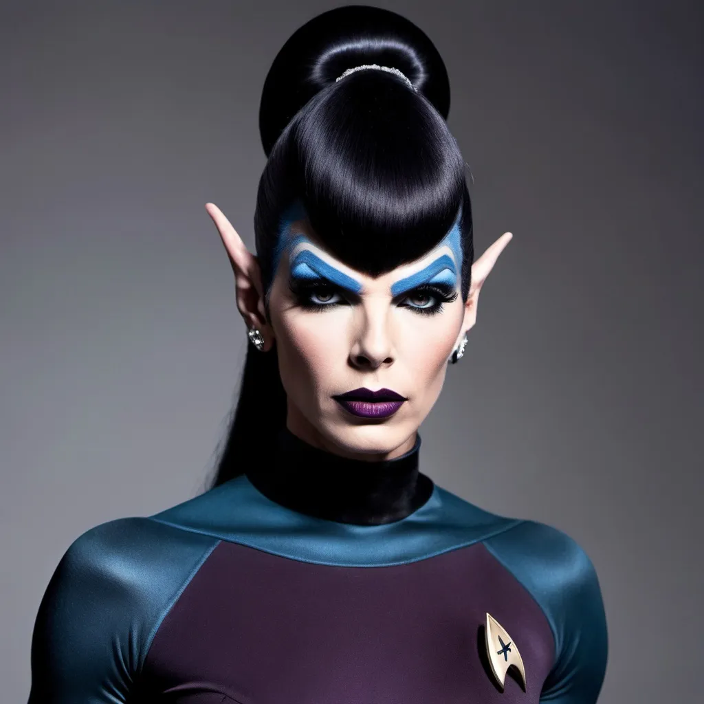 Prompt: If Spock was a gorgeous muscular drag queen. Dark eye makeup and dark lipstick.