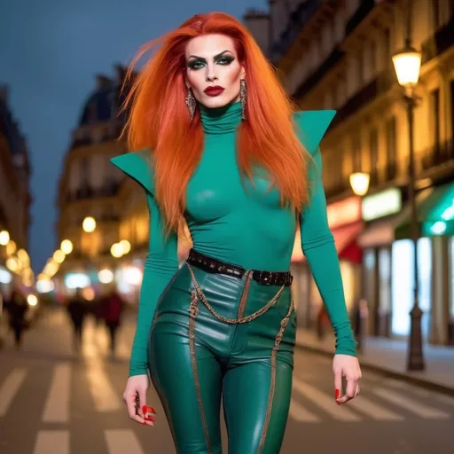 Prompt: Mysterious, Tall, gorgeous, muscular, 25-year-old French drag queen (masculine jawline and brow facial features) with long bright orange stylish hair, dark eyeshadow,  and dark red lipstick, wearing a beautiful green outfit and 8 inch stiletto red thigh-high stiletto high heel boots, walking the streets of Paris on a foggy evening.