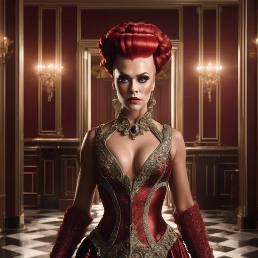 Prompt: Full-length fullbody photograph of a Gorgeous ultra-muscular 25-year-old Swedish drag queen with huge busom and short wavy dark red mohawk hair wearing classic dress at a home,  perfect detailed face, detailed symmetric hazel eyes with circular iris, realistic, stunning realistic photograph, 3d render, octane render, intricately detailed, cinematic, Isometric, Centered hiper reallistic cover photo, awesome full color, dark, gritty, klimt, erte 12k, high definition, cinematic, neoprene, stylized hi-res 64k realistic digital photography, smooth, ultra high definition, 8k, unreal engine 5, ultra sharp focus, ominous, epic, highly detailed, vibrant,  composition focus on full body.