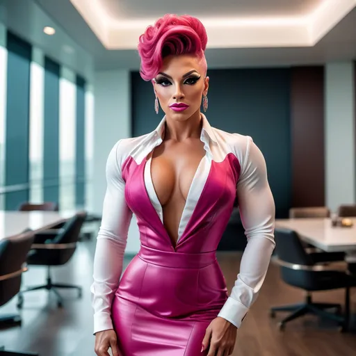 Prompt: 64k Hi-res digital hd detailed photograph of a Gorgeous, ultra-muscular, 25-year-old Ukrainian drag queen bodybuilder businesswoman, dark pink updo hairstyle, wearing sophisticated multicolored business dress and white blouse, 8 inch stiletto high heel shoes, standing in a meeting room.