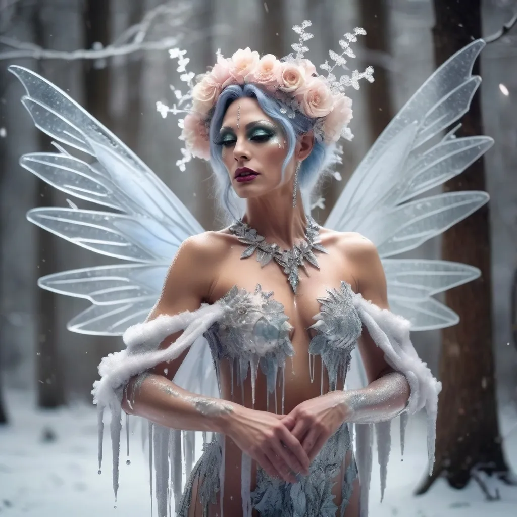 Prompt: Gorgeous muscular 35-year-old (melting ice fairy) drag queen, delicate wings dripping with glistening icicles, ethereal glow from the fairy's body, surrounded by frost-covered flowers, shimmering particles in the air, enchanted forest backdrop, soft pastel color tones, serene and mystical ambiance, (highly detailed), magical light illuminating the scene, ethereal presence, enchanting winter wonderland vibe.