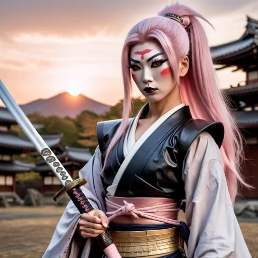 Prompt: A gorgeous muscular 21-year-old Japanese drag queen Samurai (dark eye makeup, dark lipstick, big busom, and platinum pink hair) wearing a traditional ancient Samurai yoroi and holding a katana in one hand, standing in a battle stance. 13th century Japan at sunset.