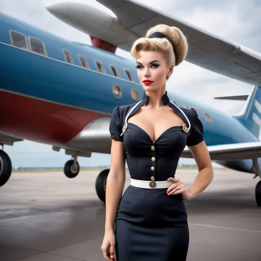 Prompt: Gorgeous ultra-muscular 25-year-old Finnish hour glass figured goddess with gigantic busom and ridiculously long wavy black updo bun hairstyle dressed as a 1960s stewardess,  passenger plane in background. Full length photography. 