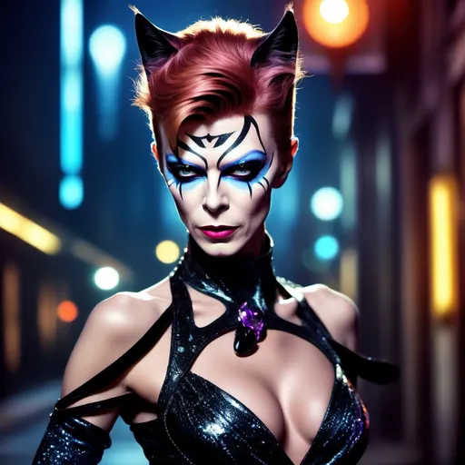 Prompt: David Bowie dressed as a 25-year-old gorgeous drag queen Catwoman.