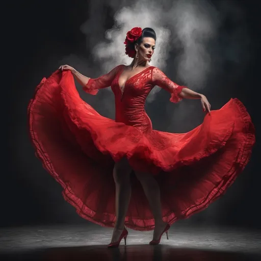 Prompt: a beautiful and sensual 35-year-old drag queen flamenco dancer in red dress dancing gracefully, dark minimalist background, gorgeous detailed face features, background space around her, 
Splash art, hyper detailed, ultra realistic, highly detailed, surreal heavy mist,
Perfect studio lighting, perfect shading, impeccable contrast, HDR, UHD, high res, 64k