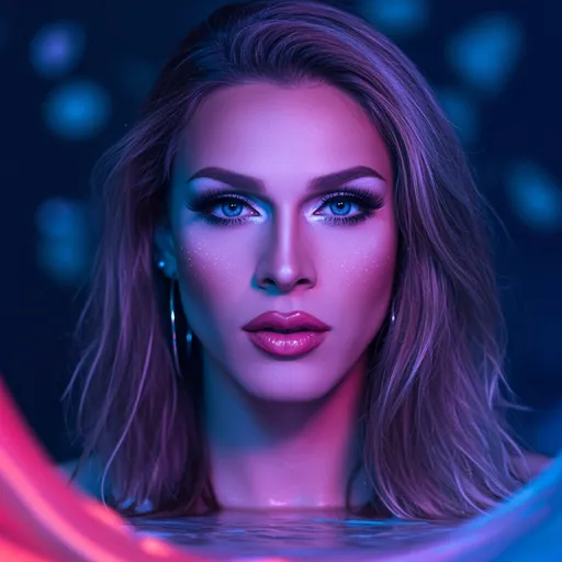 Prompt: (neon-colored liquid), stunning, 35-year-old French drag queen, expressive (blue) realistic eyes gazing directly at the viewer, long flowing hair, pronounced cheekbones emphasizing her perfect (slightly masculine) facial structure, ethereal glow bursting with vibrant hues, surreal and enchanting atmosphere, high definition, ultra-detailed, captivating visual masterpiece showcasing the blend of nature and fantasy.