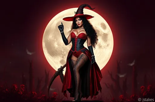 Prompt: a gorgeous ultra-muscular 25-year-old Romanian drag queen bodybuilder in a witches costume standing in front of a full moon, promotional art, strong red hue, ign, (dark long curly hair), heavily upvoted, inspired by Greg Staples, bright red, wearing corset, 8 inch stiletto high heel shoes.