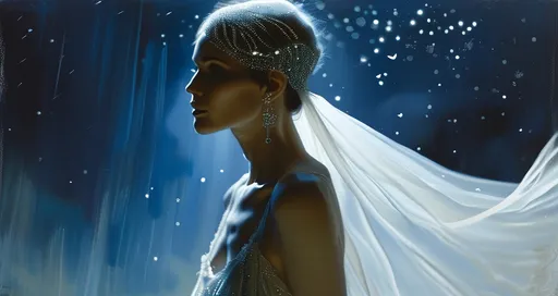 Prompt: (beautiful white Swedish drag queen) walking gracefully under a starlit sky, (melancholic mood), deep indigo and shimmering silver tones, soft ethereal glow, a delicate veil of night softly surrounding her, gentle whispers of a cool breeze, capturing a moment of quiet elegance, (highly detailed), enchanting landscape in the background, timeless and romantic atmosphere.