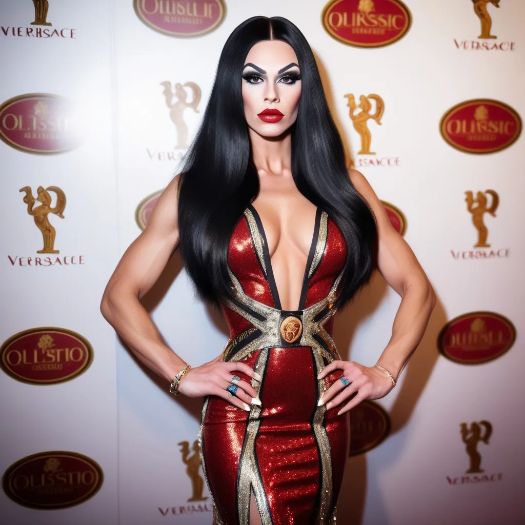 Prompt: High-resolution, cinematic-style photograph featuring a gorgeous,  alluring,  muscular 25-year-old Swedish drag queen with long straight shiny black hair, and wearing a gaudy Versace designed Gown and 8 inch stiletto high heel shoes,  walking the red carpet.