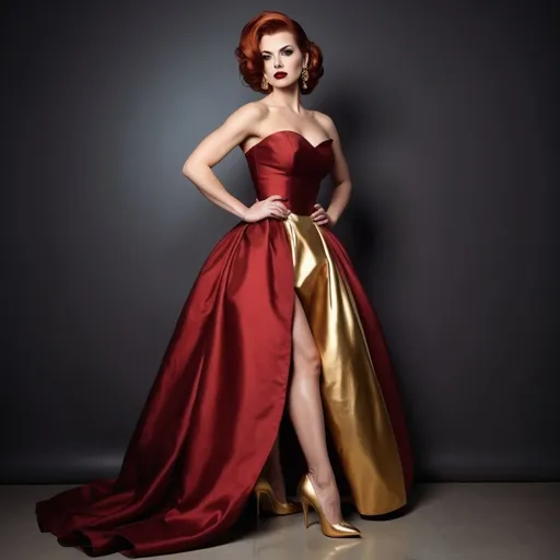 Prompt: Full length photograph of a Gorgeous brawny busomy woman with auburn, long updo hair style. (((Gold and red ball gown and high heel shoes))). Dark eye shadow and dark red lipstick.