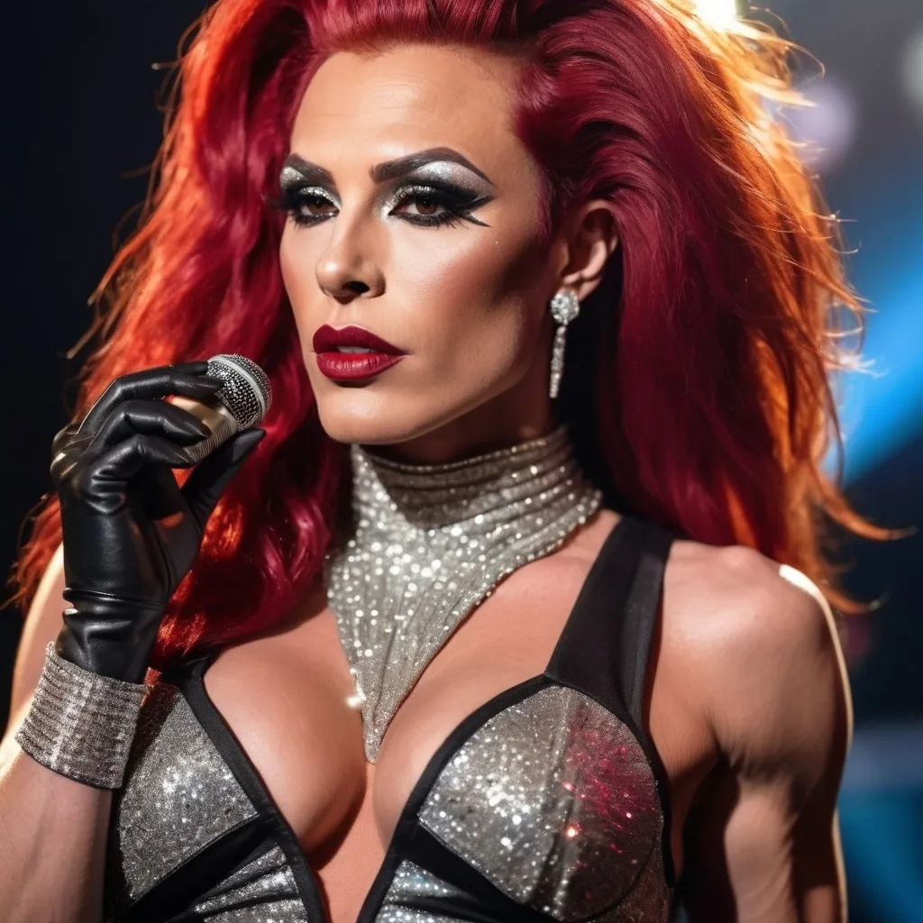 Prompt: Gorgeous muscular 35-year-old superstar drag queen (strong masculine jawline and brow features) with long flowing bright red hair, dark eyeshadow, and dark red lipstick. Glittery sparkly knee-high sliver high heel boots.  Singing at a big concert 