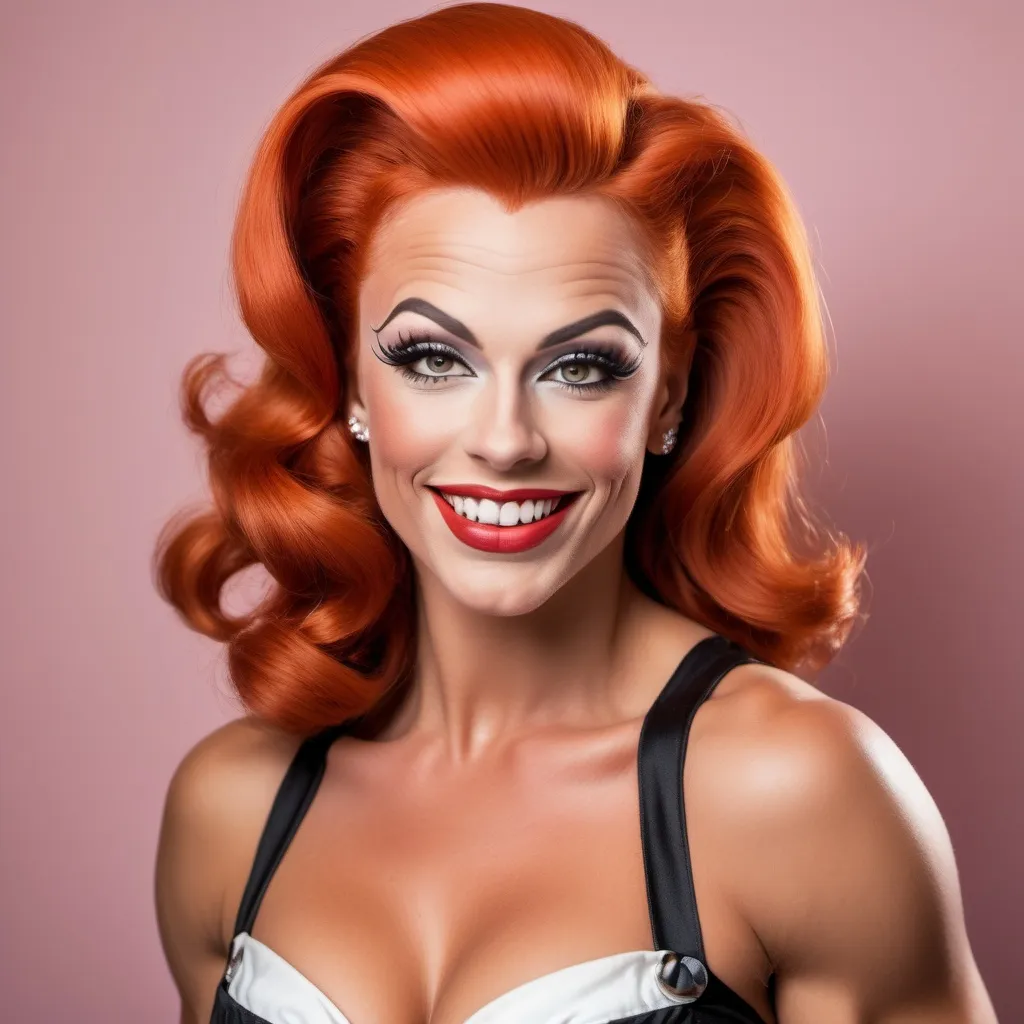 Prompt: Gorgeous ultra-muscular 25-year-old Swedish drag queen bodybuilder with dark orange hair dressed as a 1950s housewife party pinup hostess flirty smile head back winking party small wave