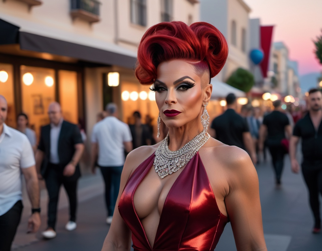 Prompt: A high definition hyper-detail live action digital photograph of A gorgeous ultra-muscular 45-year-old Israeli genderfluid drag queen with long dark red updo hair wearing an amazing ensemble of both men attire and women's attire, and 8 inch stiletto high heel shoes.  Walking down the street at sundown.