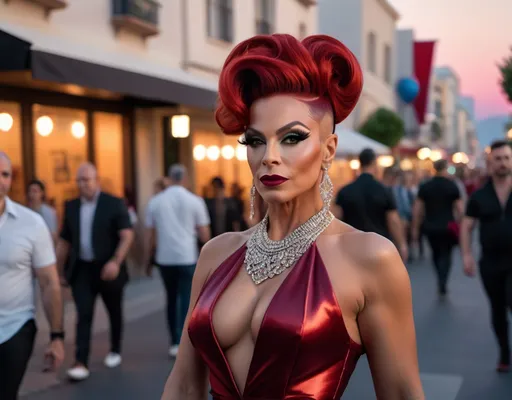 Prompt: A high definition hyper-detail live action digital photograph of A gorgeous ultra-muscular 45-year-old Israeli genderfluid drag queen with long dark red updo hair wearing an amazing ensemble of both men attire and women's attire, and 8 inch stiletto high heel shoes.  Walking down the street at sundown.