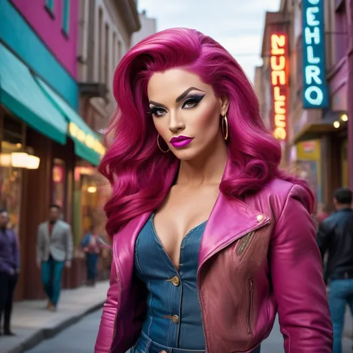 Prompt: Full body 64k hi-res hd digital photograph 
of a gorgeous ultra-muscular 25-year-old Czechian drag queen goddess bodybuilder with ridiculously long flowing magenta colored hair, wearing tan jacket, faded jeans, 8 inch stiletto high heel shoes, vibrant and colorful, high resolution, realistic, retro aesthetic, detailed facial features, 1950s style, urban street setting, warm and nostalgic lighting, professional, character concept art, detailed clothing and expression, vibrant colors, 1960s city ambiance