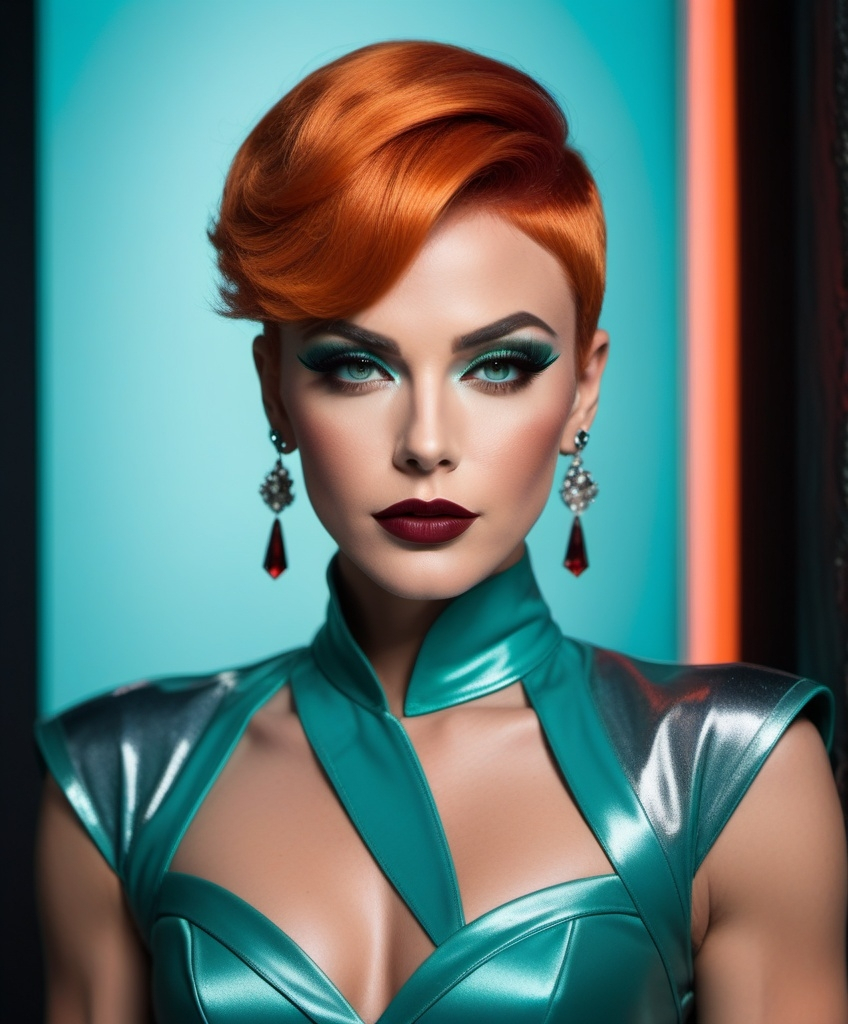 Prompt: Ben Affleck dressed up as a Gorgeous 25-year-old Czechian drag queen bodybuilder, short swept over stylish orange hair, smoky eyeshadow,  dark red lipstick, retrofuturistic film noir by Quentin Tarantino, teal glowing haze dreamy atmosphere.