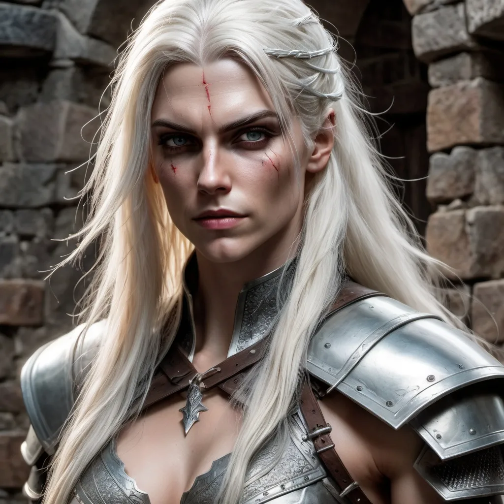 Prompt: Creates a gorgeous and Realistic image of a Muscular transwoman version of Geralt of Rivia with long flowing platinum blonde hair,  in the midst of battle in a castle.