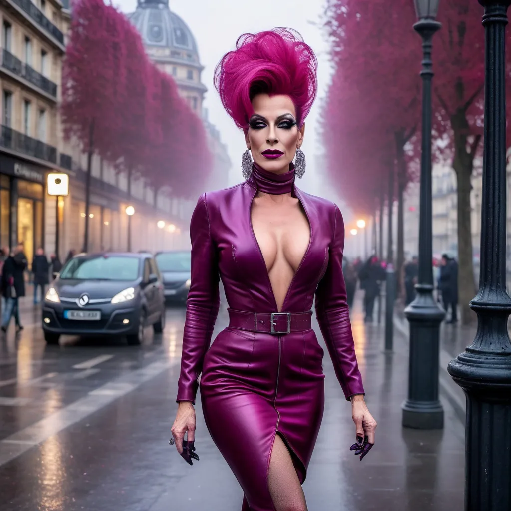 Prompt: Mysterious, Tall, gorgeous, muscular, 45-year-old French drag queen with salt & pepper stylish hair, dark eyeshadow,  and dark red lipstick, wearing a beautiful magenta outfit and 8 inch stiletto red thigh-high stiletto high heel boots, walking the streets of Paris on a foggy evening.