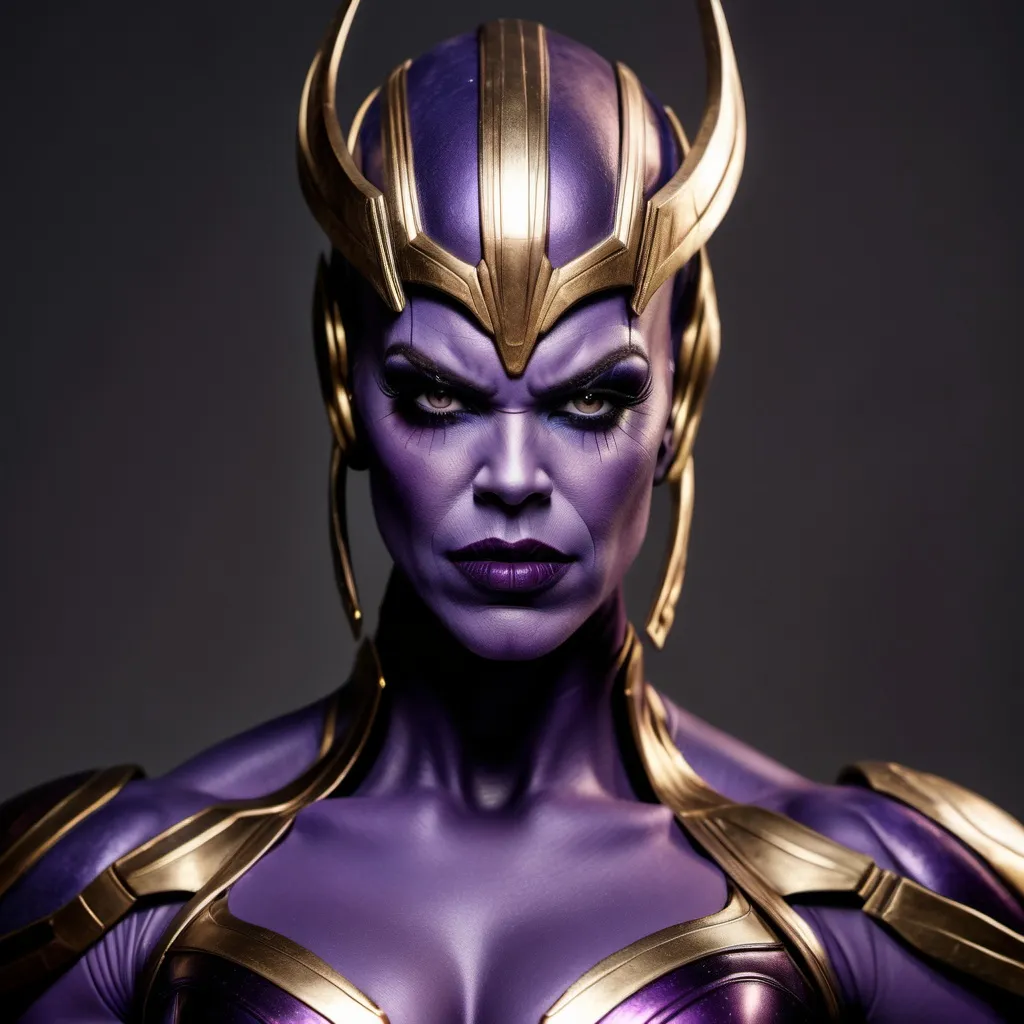 Prompt: If Thanos was a gorgeous muscular drag queen. Dark eye makeup and dark lipstick.