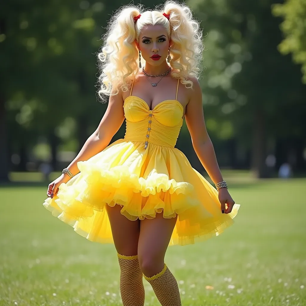 Prompt: Gorgeous ultra-muscular 25-year-old French drag queen bodybuilder with blonde curly pigtails dressed in a frilly yellow babydoll dress, knee-high socks and 8 inch strappy stiletto high heel shoes, dark smoky eyeshadow,  heavy mascara,  dark red lipstick.  Posing in the park on a sunny summer day.