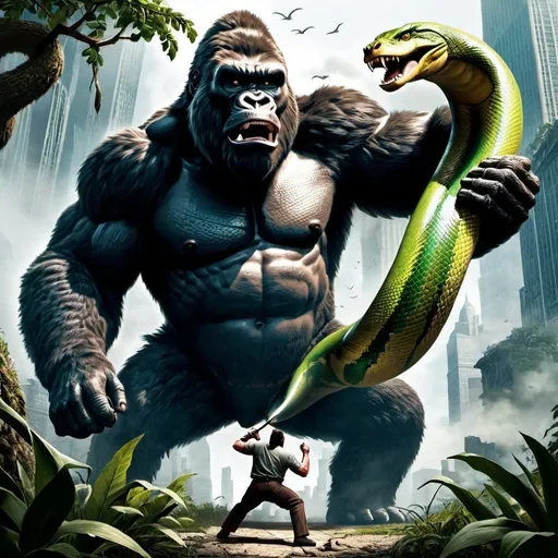 Prompt: King Kong fighting against a giant snake.
