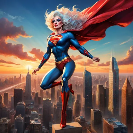 Prompt: (A heroic drag queen in a superman costume), soaring gracefully above a bustling cityscape, skyline shimmering under the setting sun, (dynamic pose), nerves of steel, vigilant gaze scanning for danger below, vibrant colors, with a backdrop of towering skyscrapers and a colorful sunset, (ultra-detailed), evoking a sense of adventure and superheroic bravery.