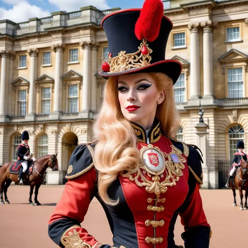 Prompt: Gorgeous Palace Guard drag queen bodybuilder in (traditional beefeater costume), elegantly posed beside a (huge horse) adorned with an (ornate saddle and leather tack), showcasing her (silky strawberry-blonde hair) flowing in a gentle breeze. Set against the majestic backdrop of (Buckingham Palace gate) under a beautifully (sunny day). Rich in detail and texture, high-quality (8K resolution), strikingly vivid colors, and (photorealistic) finish make this image a masterpiece.