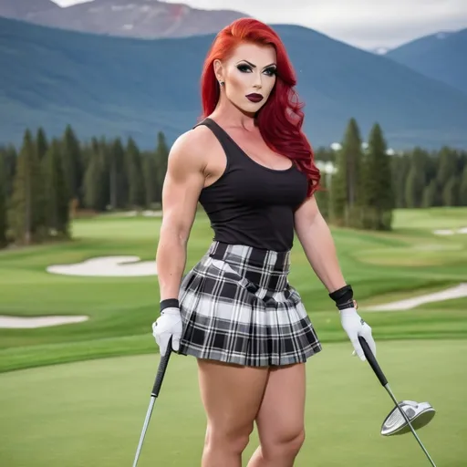 Prompt: a gorgeous ultra-muscular 25-year-old Finnish drag queen bodybuilder with large busom and bright red hair, wearing a golf skirt and cute tank top, 8 inch stiletto high 
heel shoes, smokey eye shadow  and dark red lipstick, holding a golf club and posing for a picture on the golf course with mountains in the background, Evelyn Abelson, superflat, professional, a stock photo