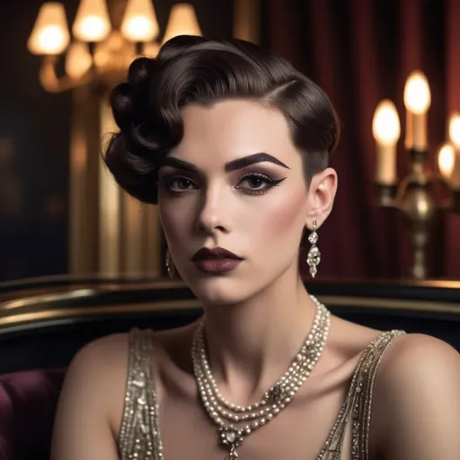 Prompt: photorealistic, (old Hollywood 1920s style), (a Gorgeous muscular 21-year-old British drag queen (extremely strong masculine jawline and brow features)), elegant attire, dark eye makeup, dark lipstick, full length body, soft lighting capturing a nostalgic atmosphere, muted pastel colors, timeless beauty, luxurious and refined setting, classic film vibe, vintage glamour, intricately detailed background elements, opulent decor, art deco influences, airy ambiance, warm tones, HD, ultra-detailed, cinematic quality.