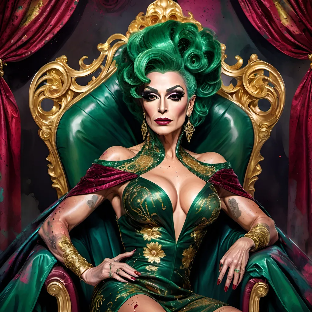 Prompt: a gorgeous muscular 45-year-old Turkish drag queen, salt & pepper hair, detailed ornate emerald and ruby cloth robe, dark eye makeup and dark lipstick, dramatic lighting, digital watercolor painting, paint splatter, bold brush strokes, art nouveau, majestic queen sitting on her throne (made of gold) in an elegant (colorfull flower dress), ornate very big throne with  diamonds and flowers adorned with delicate mycstical (colorfull) and glimmering (diamonds), mythical  looming behind, captivating atmosphere, dramatic lighting, ethereal ambiance, richly detailed backgrounds, (HD, ultra-detailed) fairy-tale setting, tension filled with reverence and power.