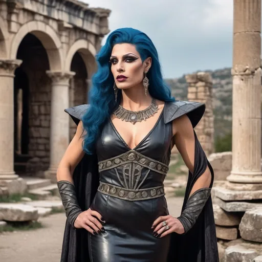 Prompt: realistc, Full drag queen body, walking toward, gorgeous muscular Greek drag queen mistress (masculine jawline and brow features), long leather medieval dress with body, dominant stance, looking over shoulder, set between ancient ruins, magical spells in the air