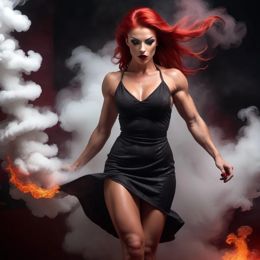 Prompt: A gorgeous ultra-muscular 25-year-old Czechian female goddess bodybuilder in a short dress, bright red hair and 8 inch stiletto high heel shoes, is spinning around surrounded by swirling smoke , fire background, dark eye shadow, dark red lipstick, full body portrait, high contrast sharp focus,  detailed, photorealistic,  studio volumétrique light, fog.