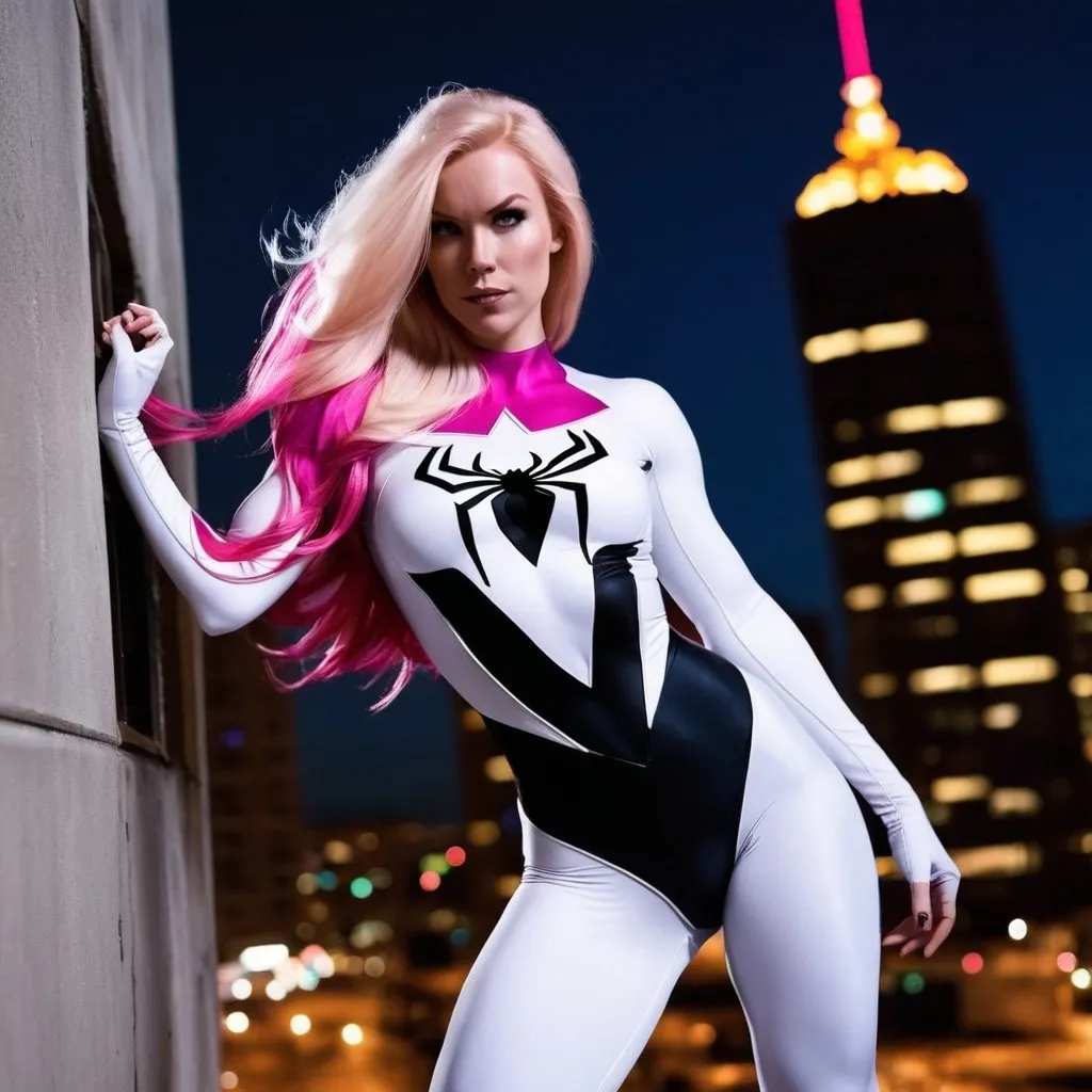 Prompt: Gorgeous ultra-muscular 25-year-old Finnish goddess with huge busom and ridiculously long flowing pink blonde hair, dressed as Spider-Gwen (Marvel Comics Character), she clings to the side of a building at night.