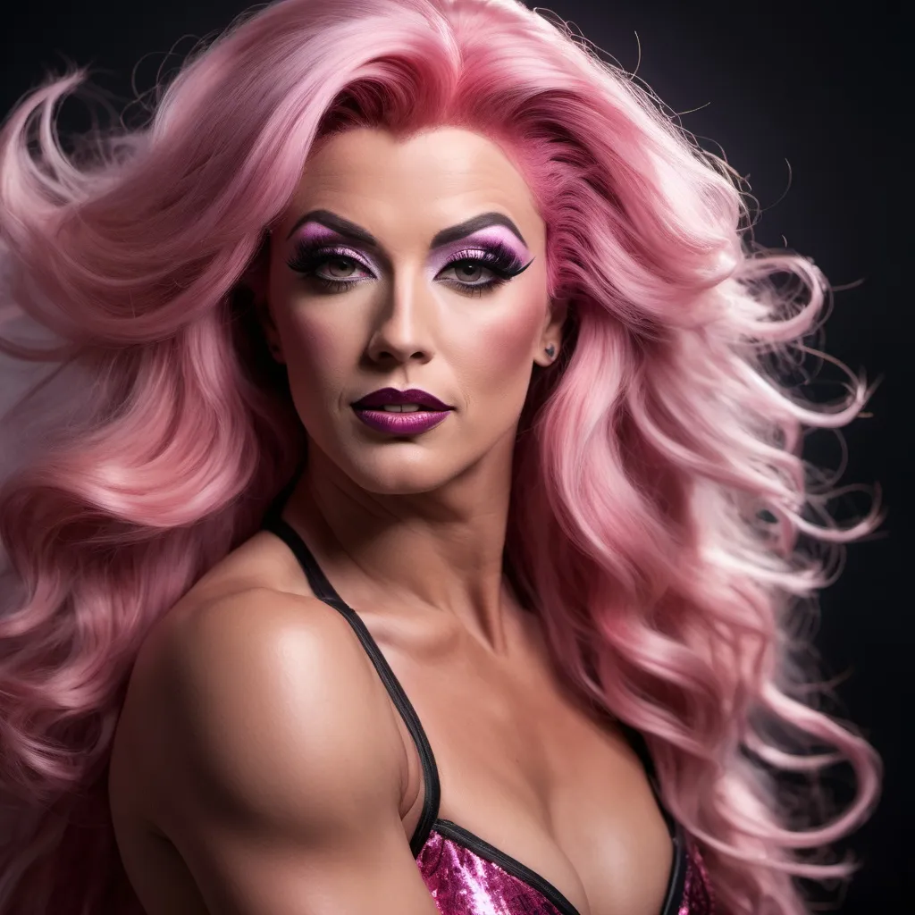 Prompt: Imagine Rock Hudson dressed as a Gorgeous ultra-muscular 25-year-old drag queen bodybuilder Dancer with ridiculously long flowing pink hair captured in motion, smokey eye shadow and dark lipstick, long exposure photography, Nikon D850 DSLR camera, f/4, ISO 200, high quality, long exposure, Nikon D850, DSLR camera, detailed movement, professional photography, artistic motion blur, dramatic lighting