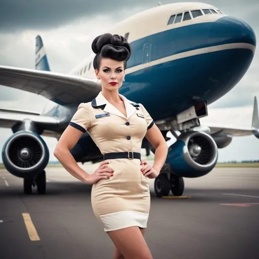 Prompt: Gorgeous ultra-muscular 25-year-old Finnish hour glass figured goddess with gigantic busom and ridiculously long wavy black updo bun hairstyle dressed as a 1960s stewardess,  passenger plane in background. Full length photography. 