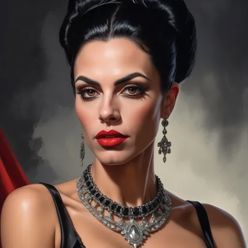 Prompt: a Gorgeous muscular 35-year-old Portuguese drag queen (very strong masculine jawline and brow features) with a necklace and earrings on her neck and red lips and a black dress on her chest, Edwin Georgi, gothic art, highly detailed digital painting, a photorealistic painting