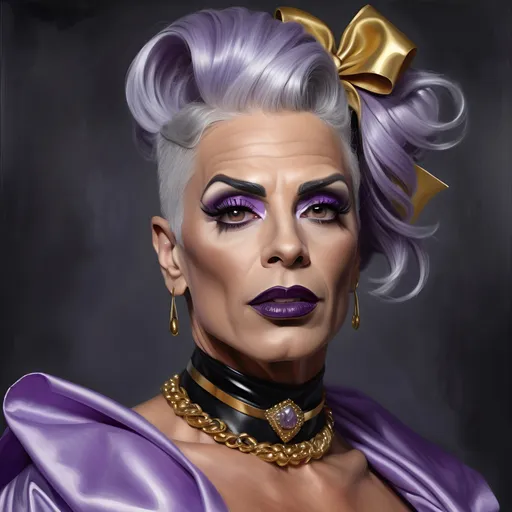 Prompt: a painting of a gorgeous muscular 45-year-old Belgian drag queen with very strong masculine facial features, dark eyeshadow and dark lipstick, wearing a gold choker around her neck and a Lilac bow in her gray hair, Edwin Georgi, photorealism, highly detailed digital painting, a photorealistic painting