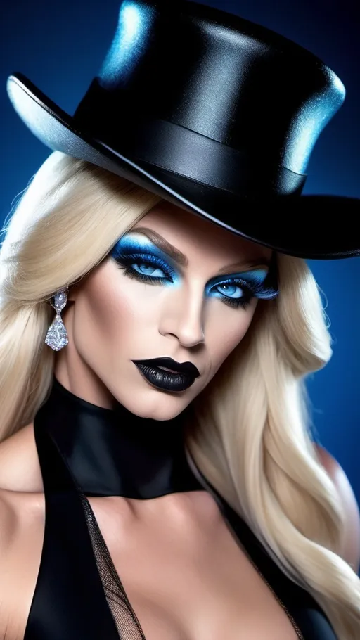 Prompt: (Ultra-detailed) gorgeous masculine drag queen bodybuilder in an absolute black dress, (long, flowing blonde hair) cascades elegantly, (bright blue eyes) stand out in contrast, (absolute black hat), dark eyeshadow and dark lipstick completes her look, surrounded by an (absolute black background) creating an intense, captivating atmosphere. Black clothing and background are indistinguishable from each other. Full body, exciting pose. Lighting highlights her facial features, enhancing the contrast between the black of the background and the vivid blue of her eyes, evoking a sense of elegance and intrigue in this (high quality image).