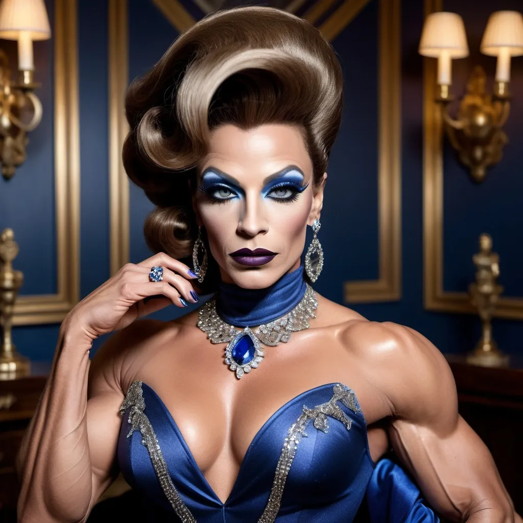 Prompt: Glamorously dressed gorgeous muscular 35-year-old French drag queen bodybuilder (dark lipstick, drag queen facial features) of the 1970s, adorned with exquisite sapphire jewelry, striking deep blue eyes, vintage fashion with elegant silhouette, intricate details in designer clothing,  luxurious ambiance, soft lighting.