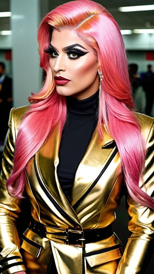 Prompt: Gorgeous ultra-muscular 25-year-old Pakistani drag queen bodybuilder with ridiculously long straight shiny pink hair, wearing gold blazer, light black blouse, gold pencil skirt, black leather belt and 8 inch stiletto high heel wrap around sandals, darke eyeshadow, darke red lipstick, standing at airport ticket counter, high-res, pro photo, airport setting, sophisticated, blue-eyed, chic outfit, professional, natural lighting, sharp focus, muscular physique, high detail, high quality