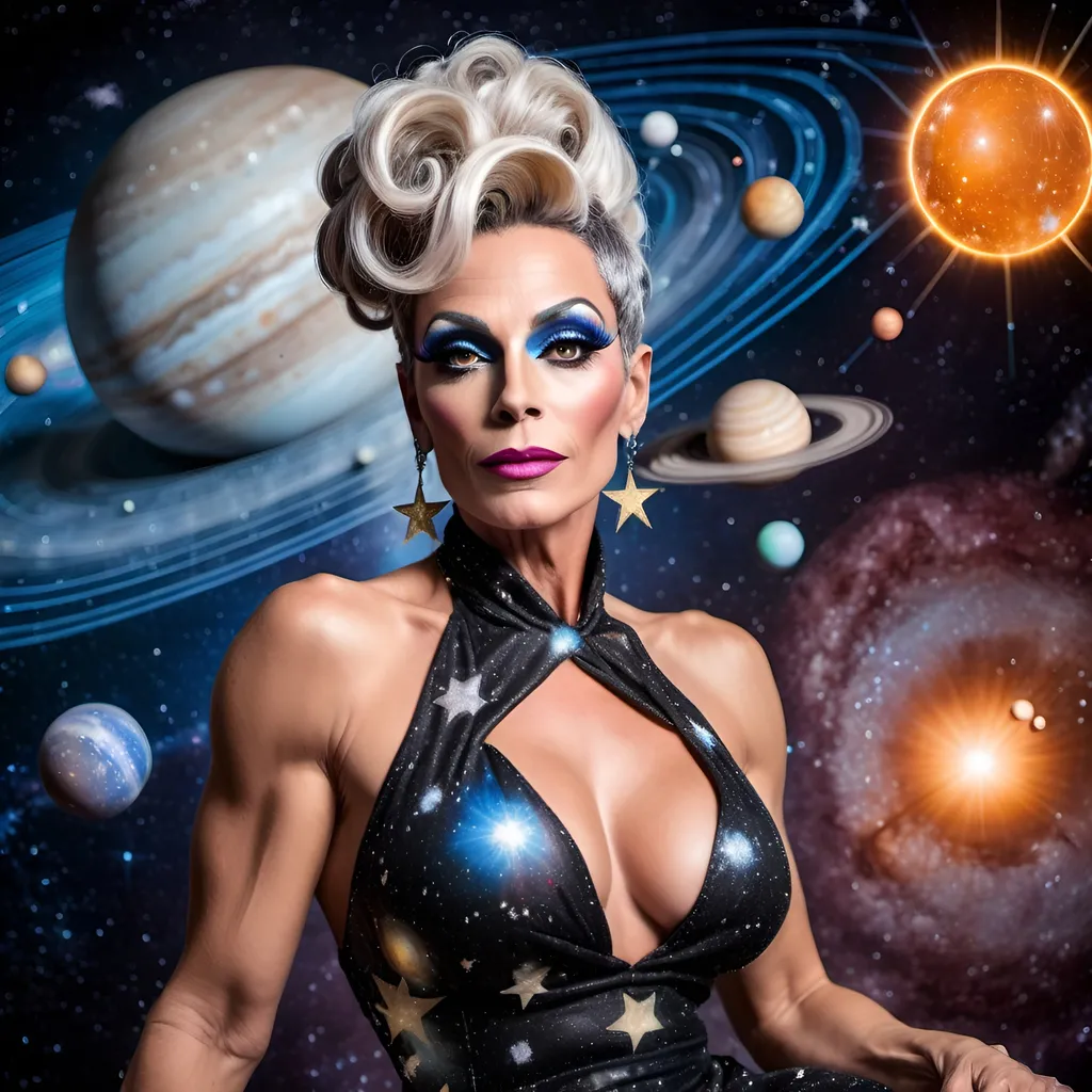 Prompt: Gorgeous muscular 45-year-old French drag queen Goddess with salt and pepper updo hair with stars in her eyes wearing a short flowing star covered halter top gown sitting on a planet looking out into space. Background is the solar system 