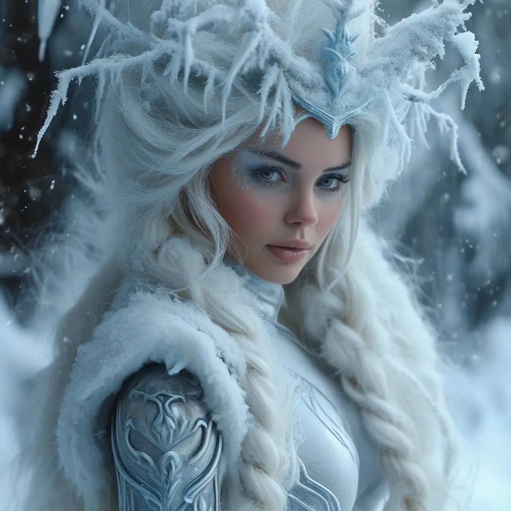 Prompt: Snow swirling, creating a gorgeous Ice goddess with muscular physique, well endowed, and ridiculously long icy hair, minimalistic, sleek