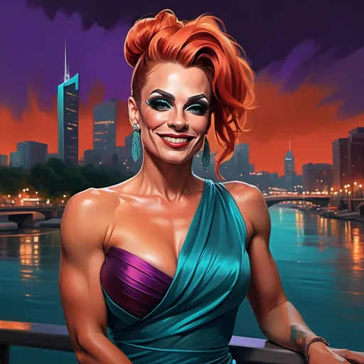 Prompt: digital painting of a city skyline with a gorgeous muscular 35-year-old Swiss drag queen (masculine jawline and brow features) with long burnt orange updo hair wearing a wrap around teal dress, smiling  and a river in the background at night time with a bright red and purple sky reflecting on the water , art photography, at night, high resolution , realism , beautiful sunset , low angle shot of the woman