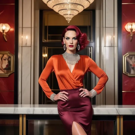 Prompt: Beautiful muscular 35-year-old European drag queen (masculine jawline and brow features) model, olive skin, blue-eyed, long dark orange hair, smiling, jewel neck red blouse, maroon pencil skirt, silver pendant earrings, athletic physique, long shapely legs, red Prada high heel boots, standing in an art deco foyer, 8k, ads fashion editorial, high quality, art deco, elegant, magazine cover photography, detailed eyes, intricate jewelry, fashion, luxurious, indoor lighting